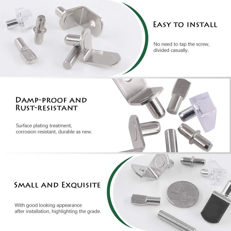 Keadic 160Pcs Nickel Plated Shelf Pegs Shelves Pins Kit, 5 Styles Hardware Heavy Duty Shelf Pin Cabinet Furniture Shelf Pins Support Bracket Pegs Cabinet Support Shelf Pins for Furniture (5mm & 6mm) - Image 3